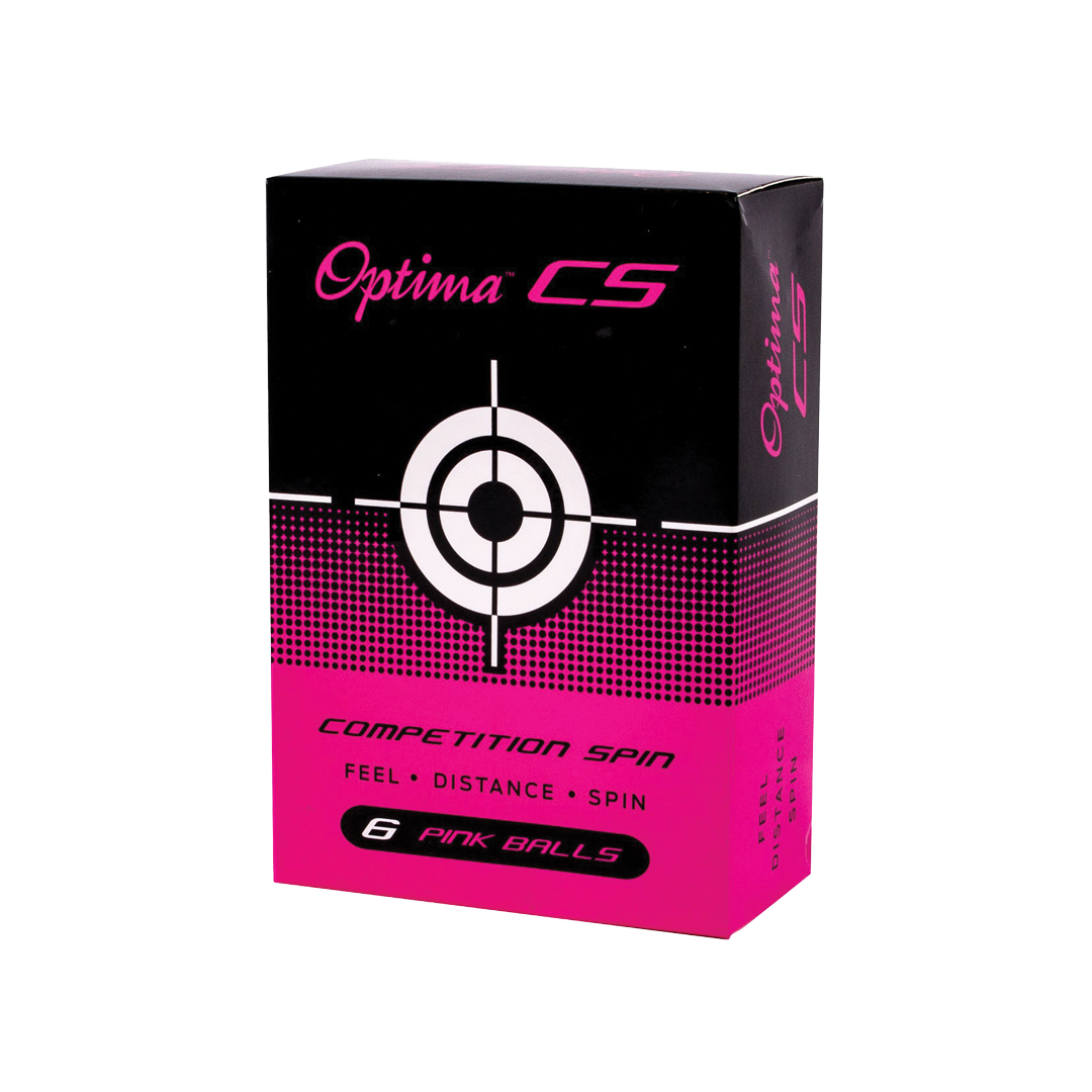 Box of Optima CS pink balls with a target design on a white background