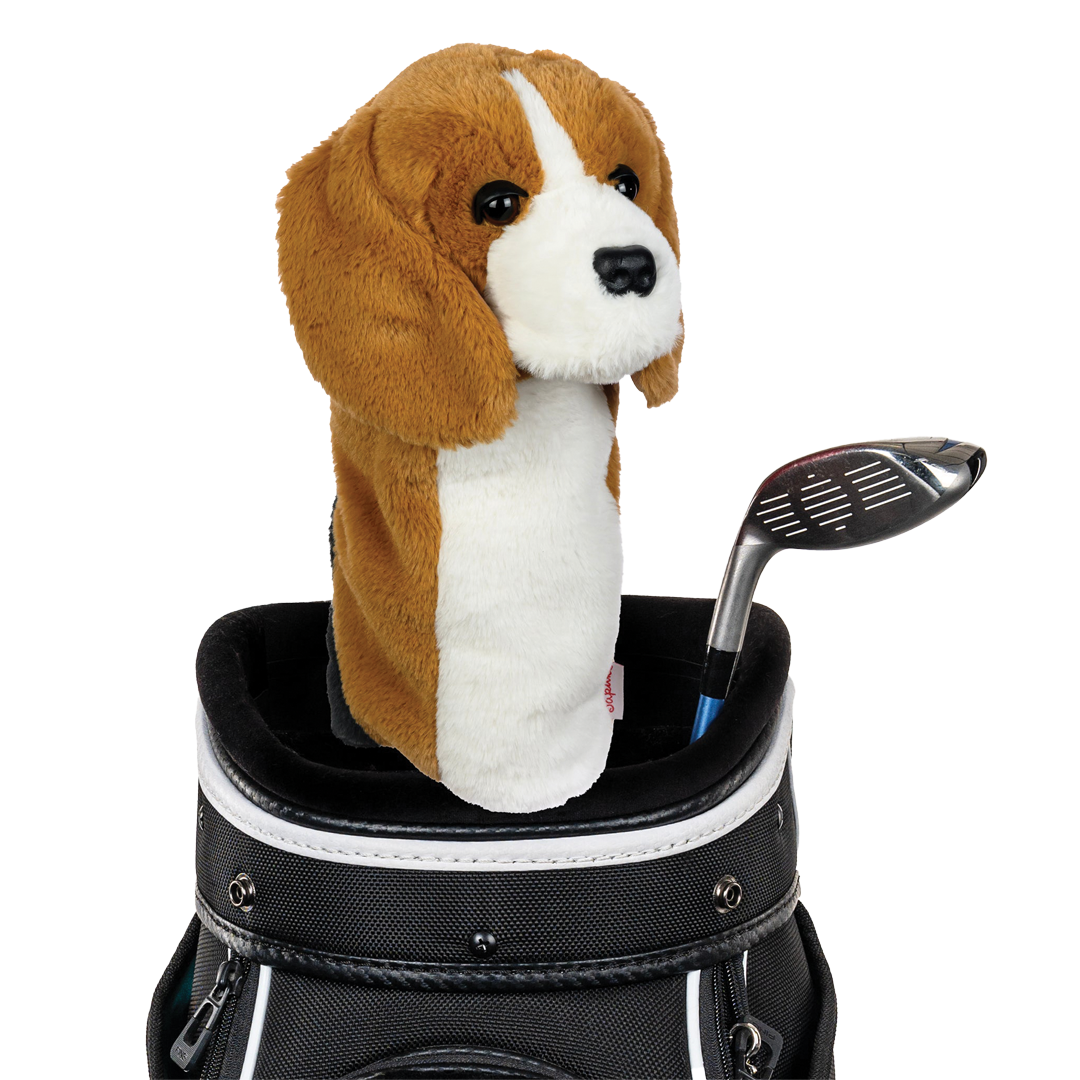 Golf club head cover shaped like a dog with a golf club on a white background