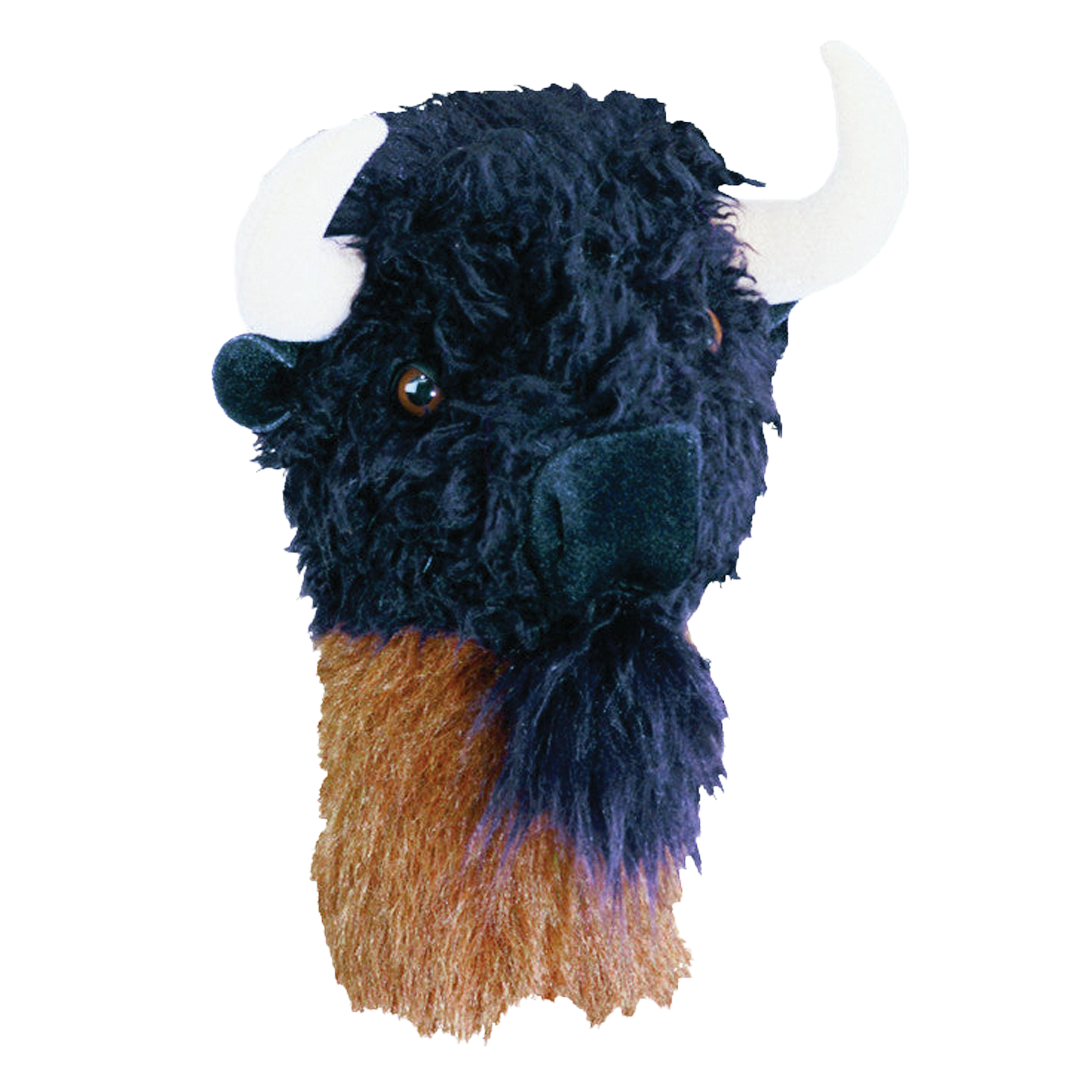 Plush toy resembling a bison on a white background