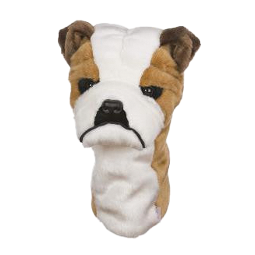 Plush bulldog toy head on a white background