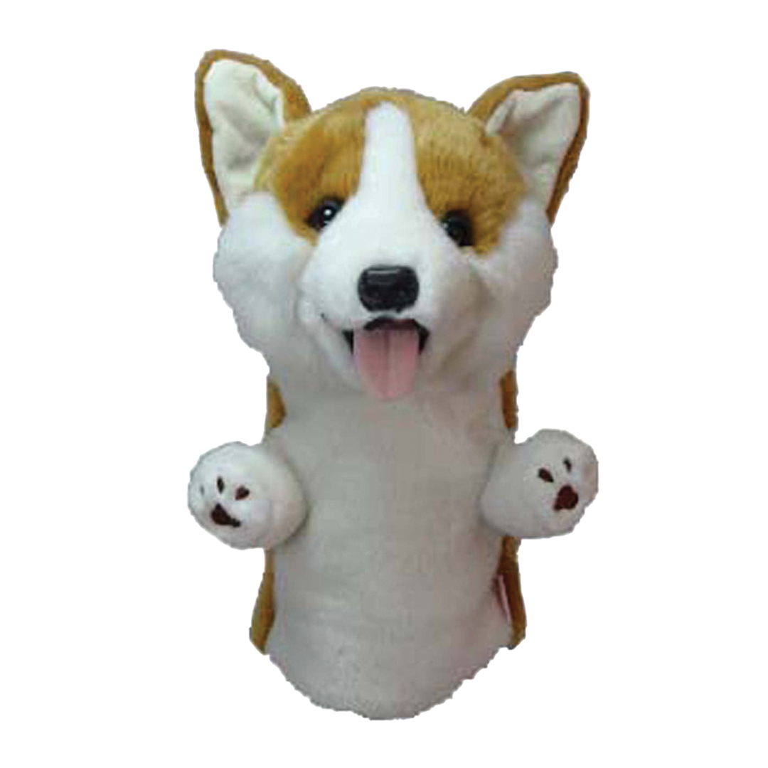 Plush corgi toy with a white and brown color pattern on a white background
