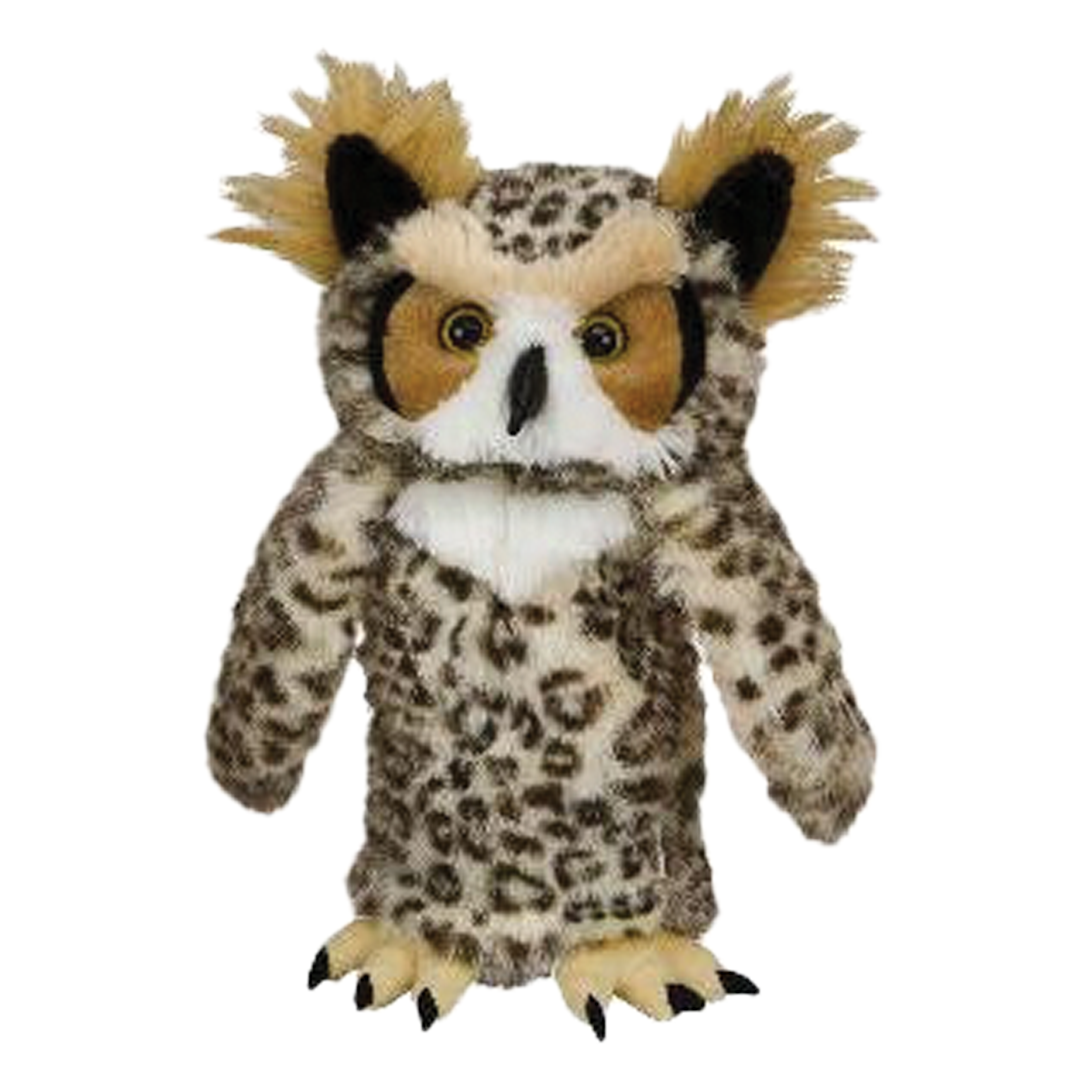 Plush owl toy with leopard print body on a white background